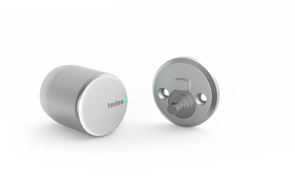Silver tedee smart lock with adapter
