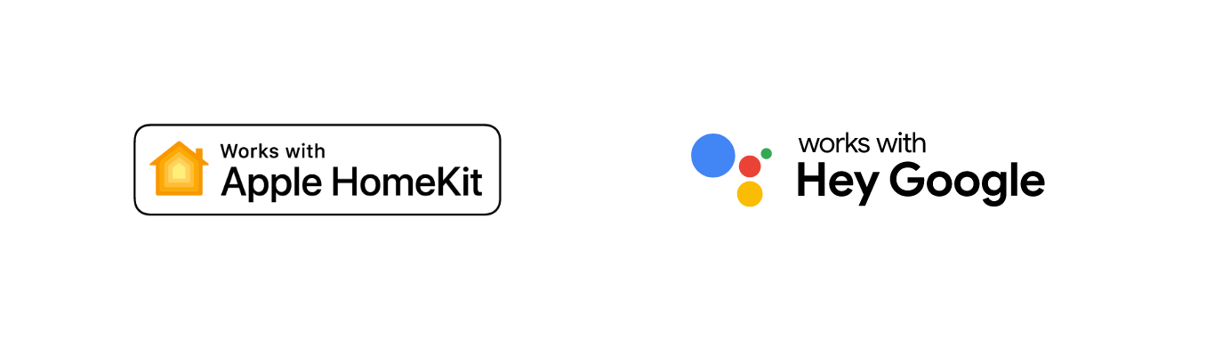 "Works with Apple HomeKit" and " Works with Hey Google" logos