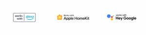 "Werkt met Apple HomeKit" en "Werkt met Hey Google" logo's