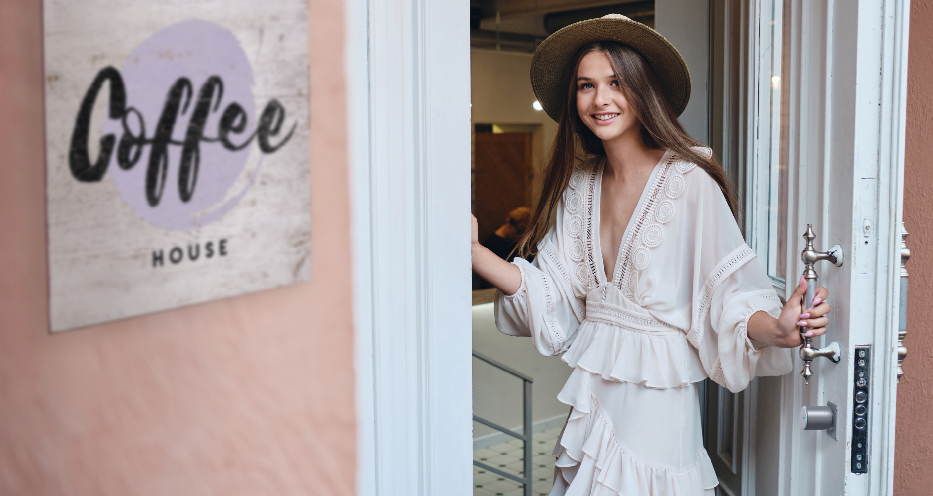 Woman entering a coffee shop