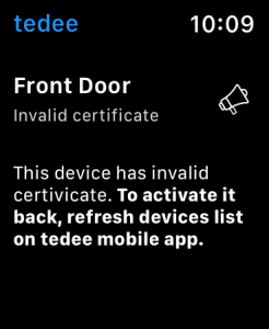 A view of the tedee app on a smartwatch - "Invalid certificate"