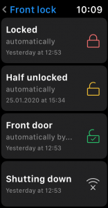 A view of the tedee app on a smartwatch - "Activities"