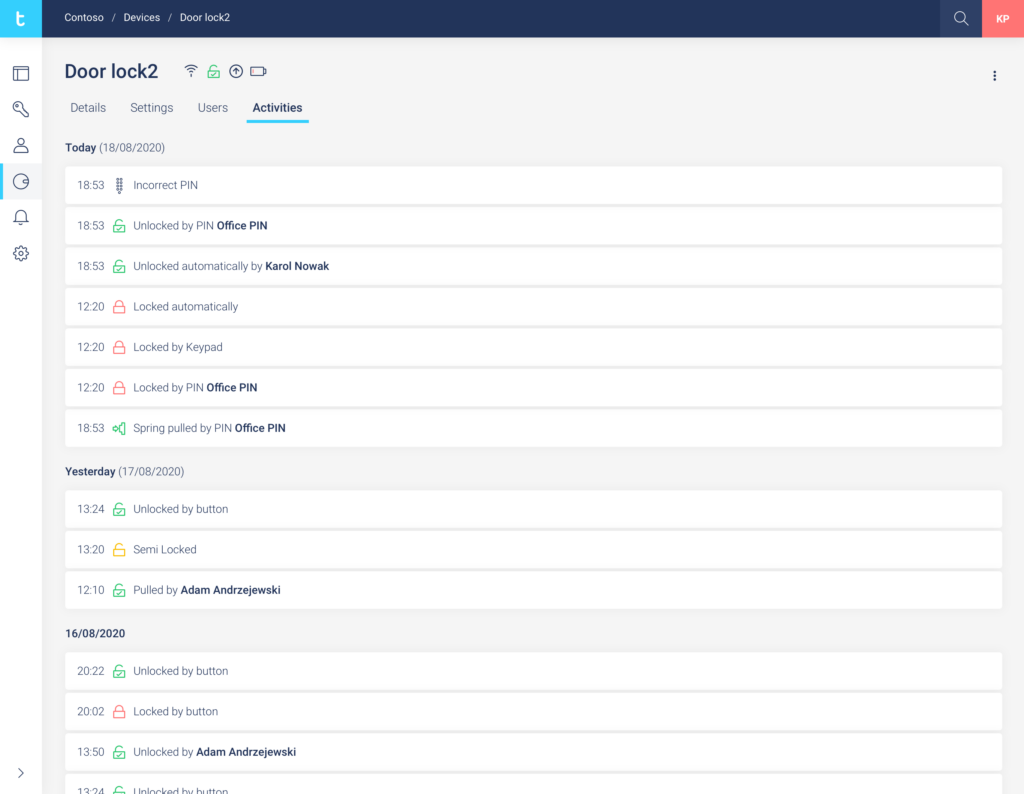 portal web tedee - actividades del dispositivo