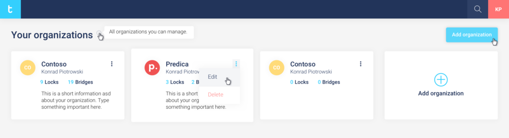 portal web tedee - visualização de organizações