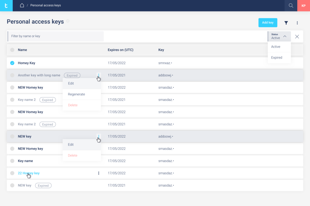 tedee web portal - assignment of personal access keys