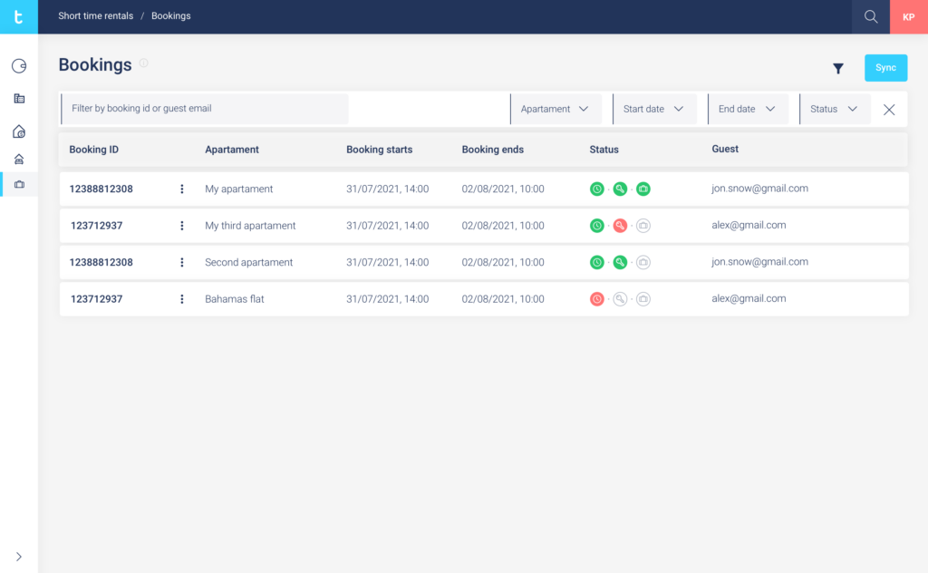 tedee web portal - Seite "Buchungen"