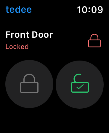Widok aplikacji tedee na smartwatchu - "dzwi zamknięte"