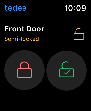 widok aplikacji tedee na smartwatchu - "drzwi otwarte"
