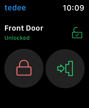 widok aplikacji tedee na smartwatchu - "drzwi otwarte"