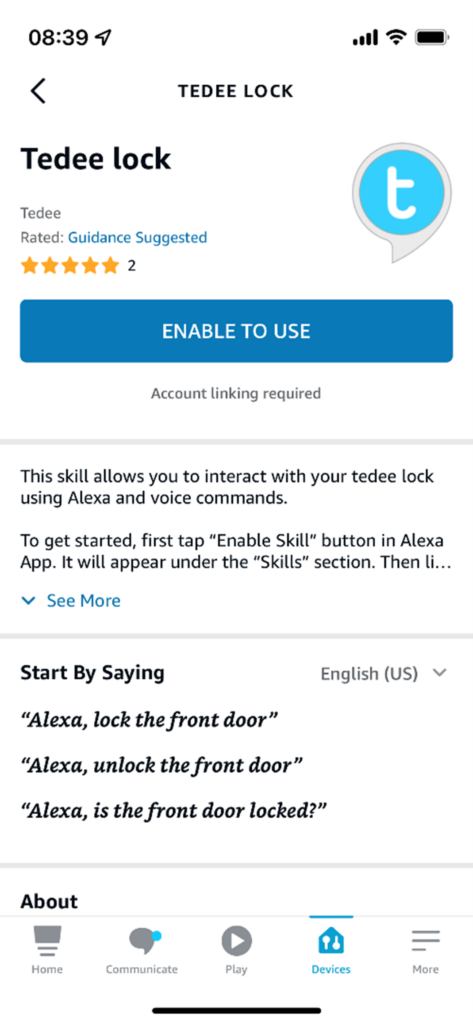 página de bloqueio inteligente tedee na aplicação alexa