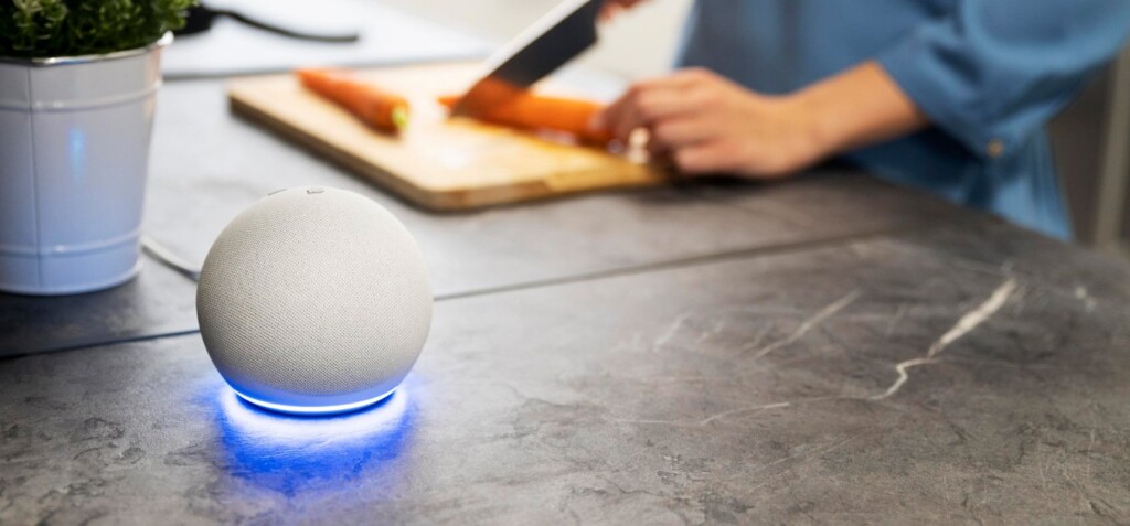 a woman prepares a meal with a home assistant