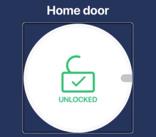 Screenshot of the Tedee app's smart lock status screen, displaying the current 'Unlocked' state. Above is the header 'Home door', set against a dark blue background. A large circle with a checkmark and the word 'UNLOCKED' in green signifies the door is open. The circle is enframed with a box, indicating it is currently being read by the VoiceOver screen-reading feature.
