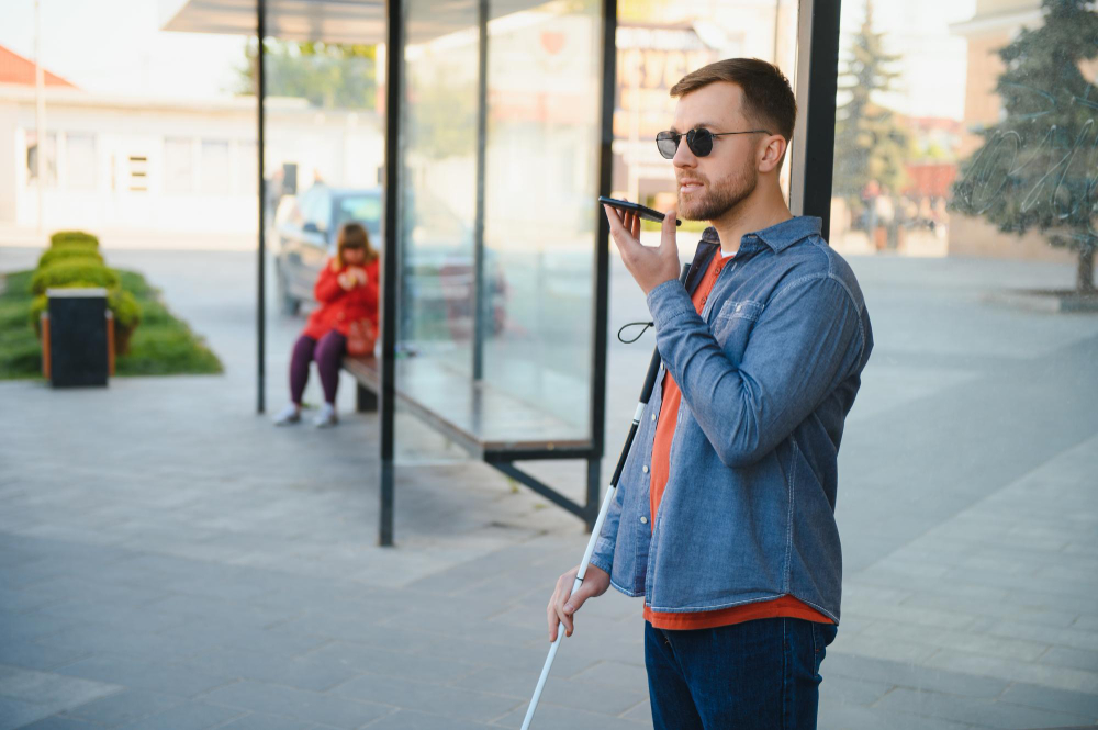 
A visually impaired man is using a smartphone with voice control while standing at a bus stop. He is wearing sunglasses and casual attire, with a white cane in hand. In the background, a woman is seated inside the bus shelter.